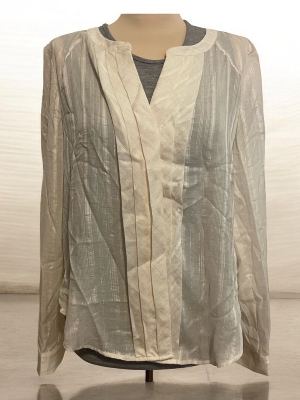 Loft Sheer Cream Metallic Long Sleeve Tucking Detail Top Size Large NWT